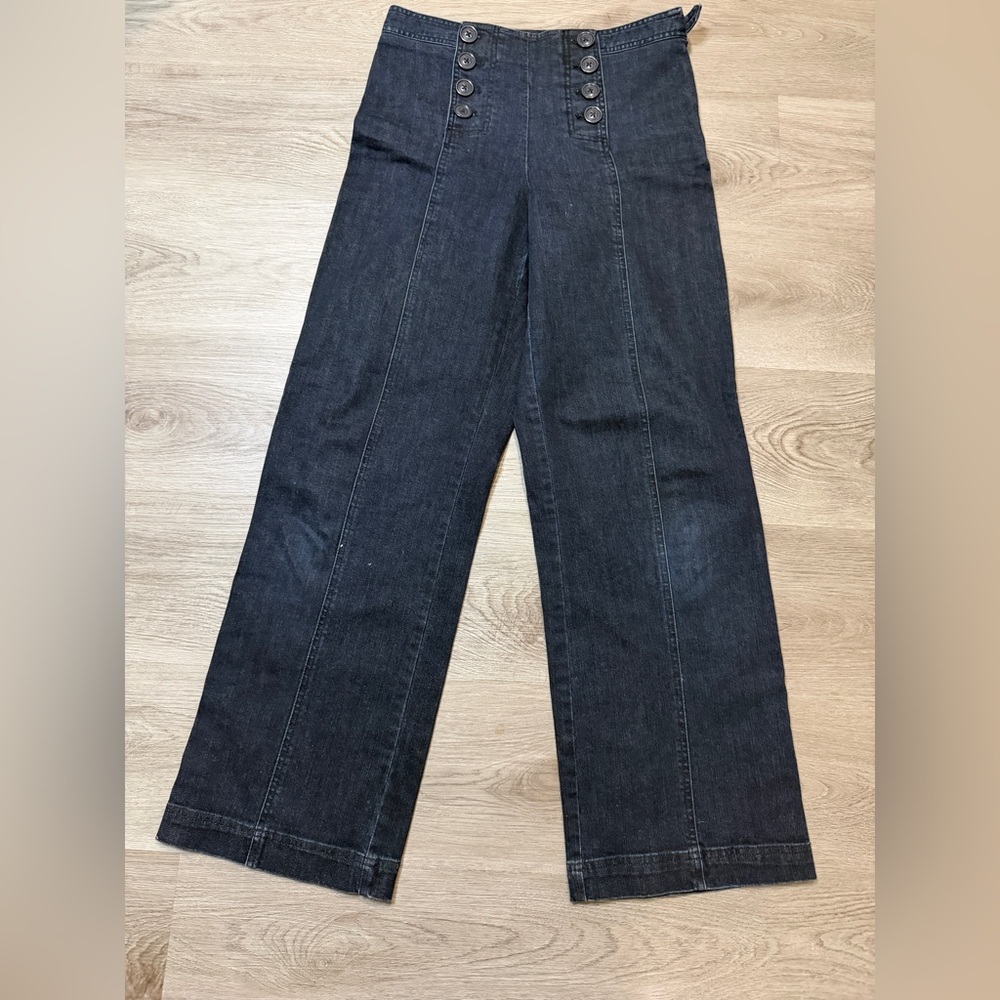 Talbots Dark Blue Flare Wide-Leg Jeans Front Buttons
